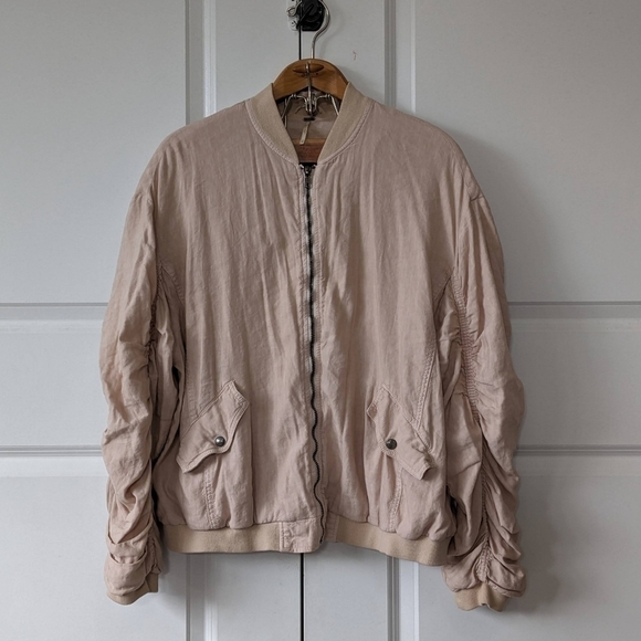 Free People Jacket Women's Medium Pink Beige Ruched Linen Bomber Full Zip - Picture 1 of 8